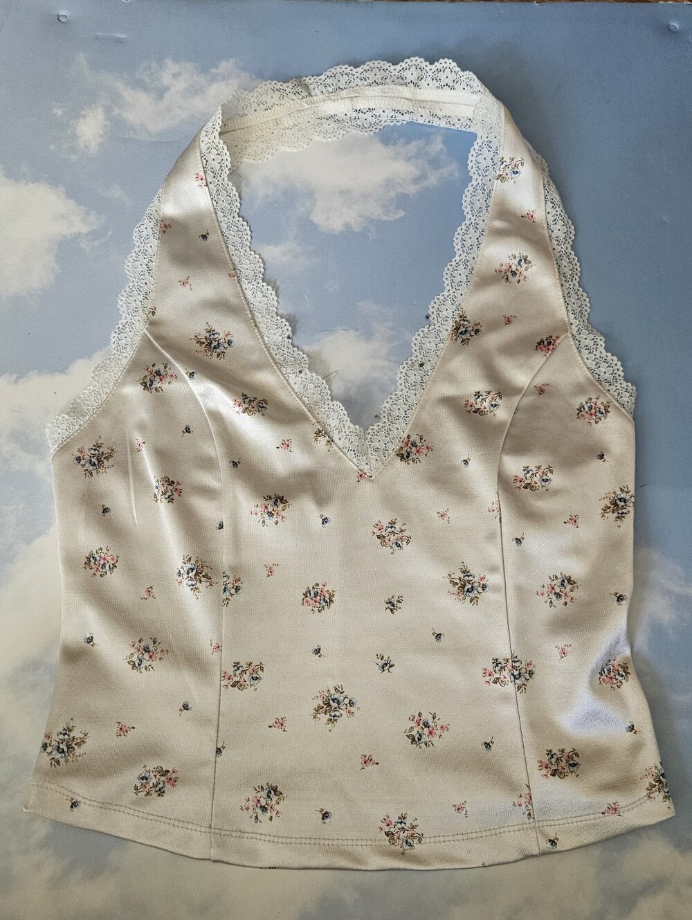 Cream Floral Lace-Trim Satin Tank Top